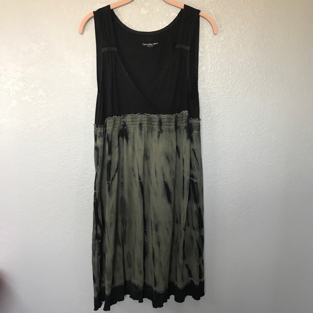 EUC Calvin Klein Black Green Tie Dye Dress sz L